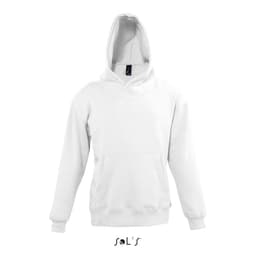 A white hoodie made of 50% cotton and 50% polyester, featuring a front pouch pocket and a hood. It has a logo.