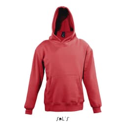 A red hoodie made from 50% cotton and 50% polyester, featuring a front pocket and a large hood.