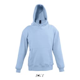 A light blue hoodie featuring a front pocket and a hood, made of 50% cotton and 50% polyester. It has a logo.