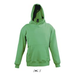 A green hoodie featuring a front pocket and a hood, made of 50% cotton and 50% polyester, with a logo.