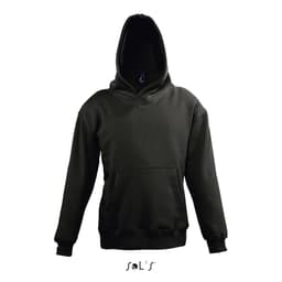 A black hoodie featuring a front pocket and a large hood, made of 50% cotton and 50% polyester. It has a logo.