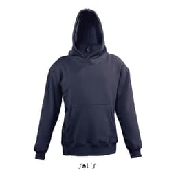 A dark navy hoodie with a front pouch pocket and a drawstring hood, featuring a branding logo.