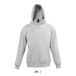 A grey hoodie featuring a front pocket and a hood, made from 50% cotton and 50% polyester, with a logo.