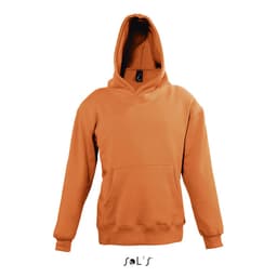 A hooded sweatshirt in a vibrant orange colour, made from 50% cotton and 50% polyester, featuring a front pocket and a logo.