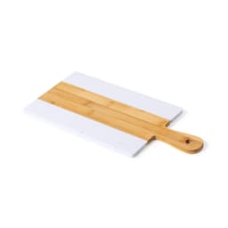 A chopping board featuring a white surface with a bamboo section and a handle.