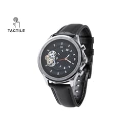 A watch with a black leather strap, silver casing, and a transparent dial revealing internal gears. Includes a tactile logo.