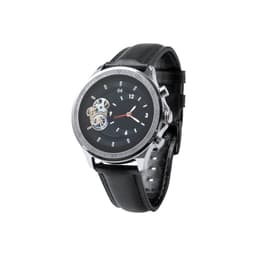 A watch with a black leather strap and a silver case, featuring a skeleton dial and contrasting hour markers.