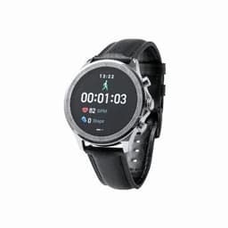 A smartwatch with a circular face, silver bezel, and black leather strap, displaying fitness tracking information.
