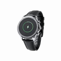A watch with a round black face, metal bezel, and a black leather strap, featuring a central green lightning bolt icon.