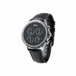 A watch with a round face featuring a timer display and a black leather strap. It has a metallic bezel.