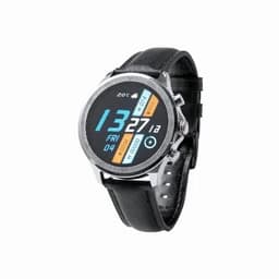 A smartwatch with a circular face, black leather strap, and digital display showing time, date, and weather information.