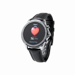 A smartwatch with a round screen displaying heart rate and measuring status, featuring a black leather strap and silver casing.