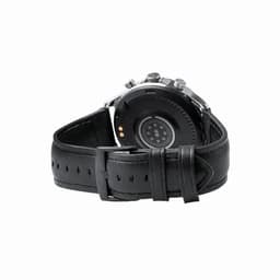 A black leather watch with a round face, featuring a buckle strap and buttons on the side. It has a logo on the back.