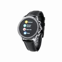 A smartwatch with a black leather strap and a round face displaying workout, heart rate, and sleep monitoring options.