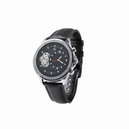 A watch with a black leather strap, silver casing, and a black face featuring numbered markers and an intricate design.