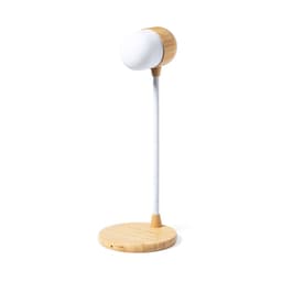 A desk lamp featuring a wooden base and neck, with a round white light fixture on top.