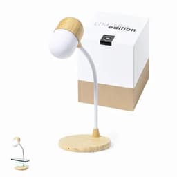 A desk lamp with a wooden base and flexible arm, featuring a white light bulb and packaged in a box.