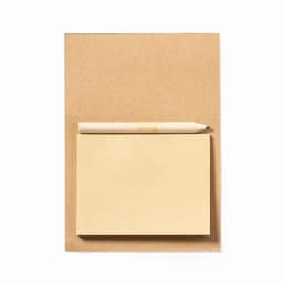 A note pad with a brown cover and a yellow sticky note, accompanied by a wooden pencil.