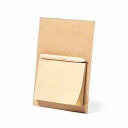 A notepad with a brown cardboard cover and a wooden pencil attached on top. The notepad features yellow sticky notes.