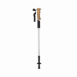A hiking pole with a cork grip, adjustable length, and rubber tip designed for stability and support.