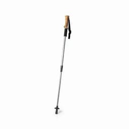 A hiking pole featuring a wooden handle, adjustable metal shaft, and a rubber tip, with a wrist strap attached.