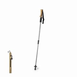 A trekking pole with a wooden grip, adjustable metal shaft, and rubber tip. It includes a strap and a hook for hanging.