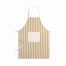 A striped apron in beige and cream with a front pocket and adjustable neck strap. Features a branding logo.