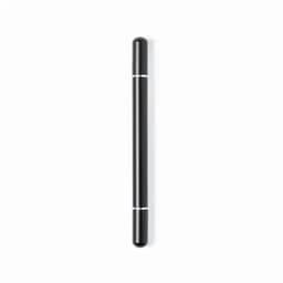 A drink bottle in sleek black with a silver band, featuring a simple cylindrical design and rounded cap.
