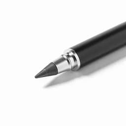 A black pen with a metallic silver tip and a sleek design. It has a smooth, pointed nib for precise writing.