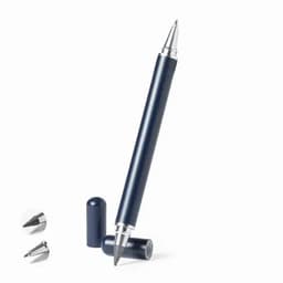 A ballpoint pen in navy blue with silver accents, featuring a capped design and a removable cap.