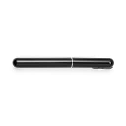A black pen with a sleek design and a silver band, featuring a clip for attachment.