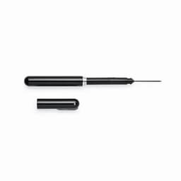 A sleek black retractable pen, featuring a cylindrical body and a removable cap. It includes a silver accent detail.