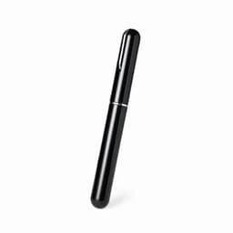 A black pen with a sleek, cylindrical design. The pen has a shiny finish and a silver band around the middle.