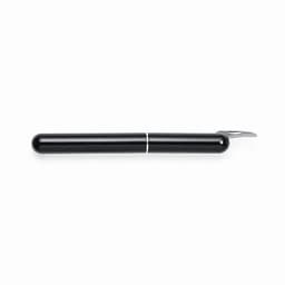 A black fountain pen with a silver trim and a sleek design, featuring an exposed nib.