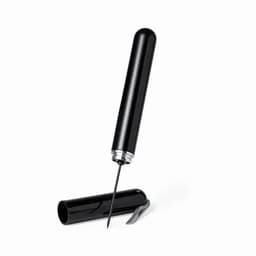 A black pen with a sleek design and removable cap, featuring a pointed writing tip.