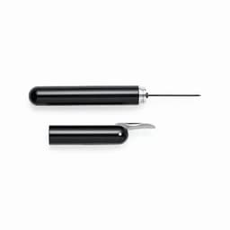 A black multi-tool featuring a retractable needle and a bottle opener, with a sleek design and silver accents.