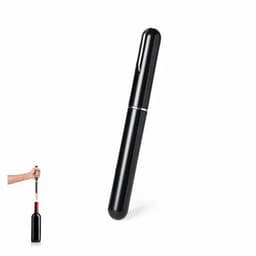 A sleek black wine bottle corkscrew with a rounded end, positioned beside a person uncorking a wine bottle.