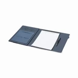 A folder with a notepad, pen, and card slots, featuring a sleek grey design.