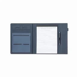 A notebook folder with a pen, lined paper, and slots for cards in navy blue. It has a sleek, professional design.