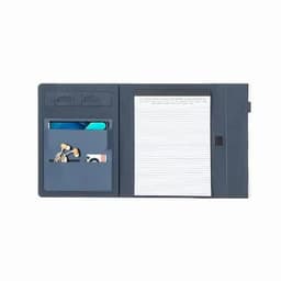 A navy blue folder with compartments for cards, earphones, and a lined notepad for writing.