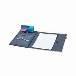 A grey organiser with a notepad, phone holder, and compartments for accessories. Features a sleek design and branding.