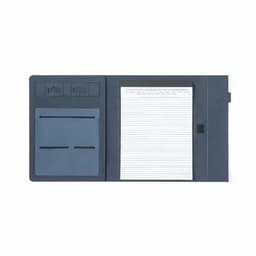 A notepad with a dark blue cover, featuring card slots and a lined writing pad on one side.