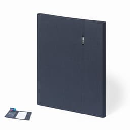 A dark navy folder with a textured finish and a subtle logo. It features a secure closure and an organised interior.