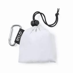 A compact white pouch with a drawstring and a carabiner clip, featuring a recycling logo on a tag.