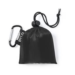A black drawstring pouch with a carabiner clip attached, designed for storage and portability.