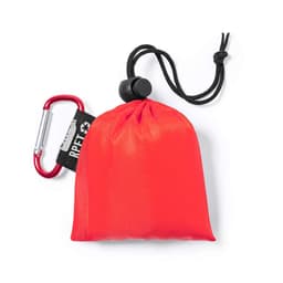 A red drawstring pouch with a black cord and a carabiner attached. The pouch is compact and lightweight.