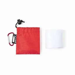 A red pouch with a drawstring and a carabiner, next to a clear plastic sheet. It features a logo.