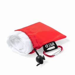 A red pouch containing a folded item with a carabiner clip attached.