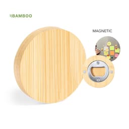 A bamboo magnetic bottle opener with a circular design, featuring a chrome magnet attachment for convenience.