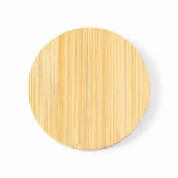 A round bamboo serving board with a natural wood grain pattern and a smooth finish.